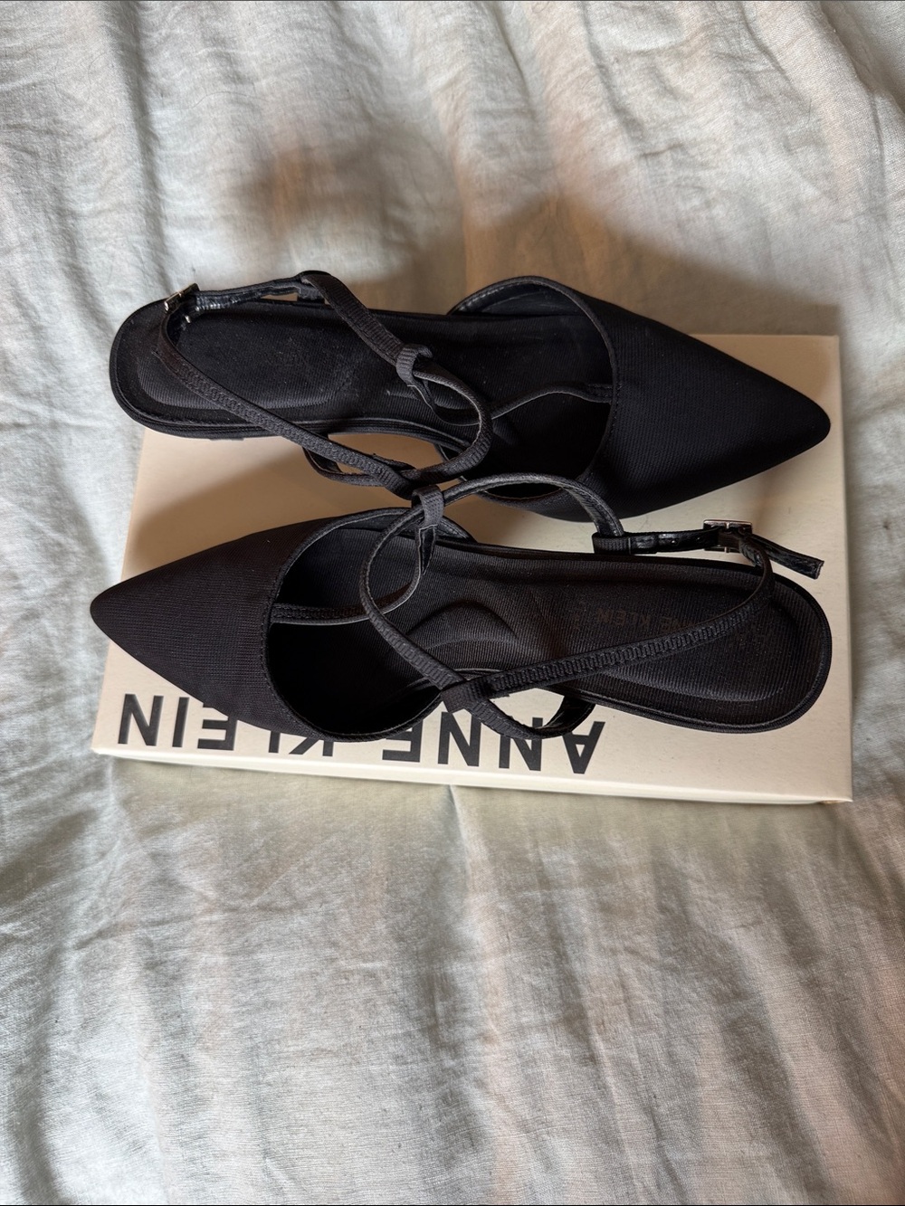 Anne Klein Black Pointed Toe Crisscross Slingback Flats